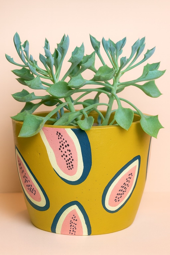 Maceta de cemento N°18 13cm alto x 15cm de boca con diseño pintado