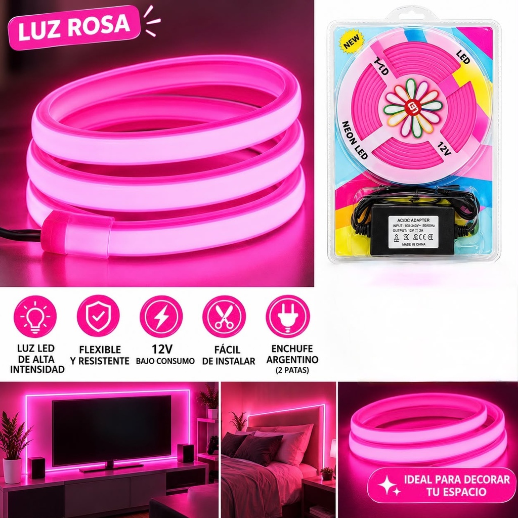 Kit Tira Led Neon Flexible con Fuente 5A 12v 5m Rosa