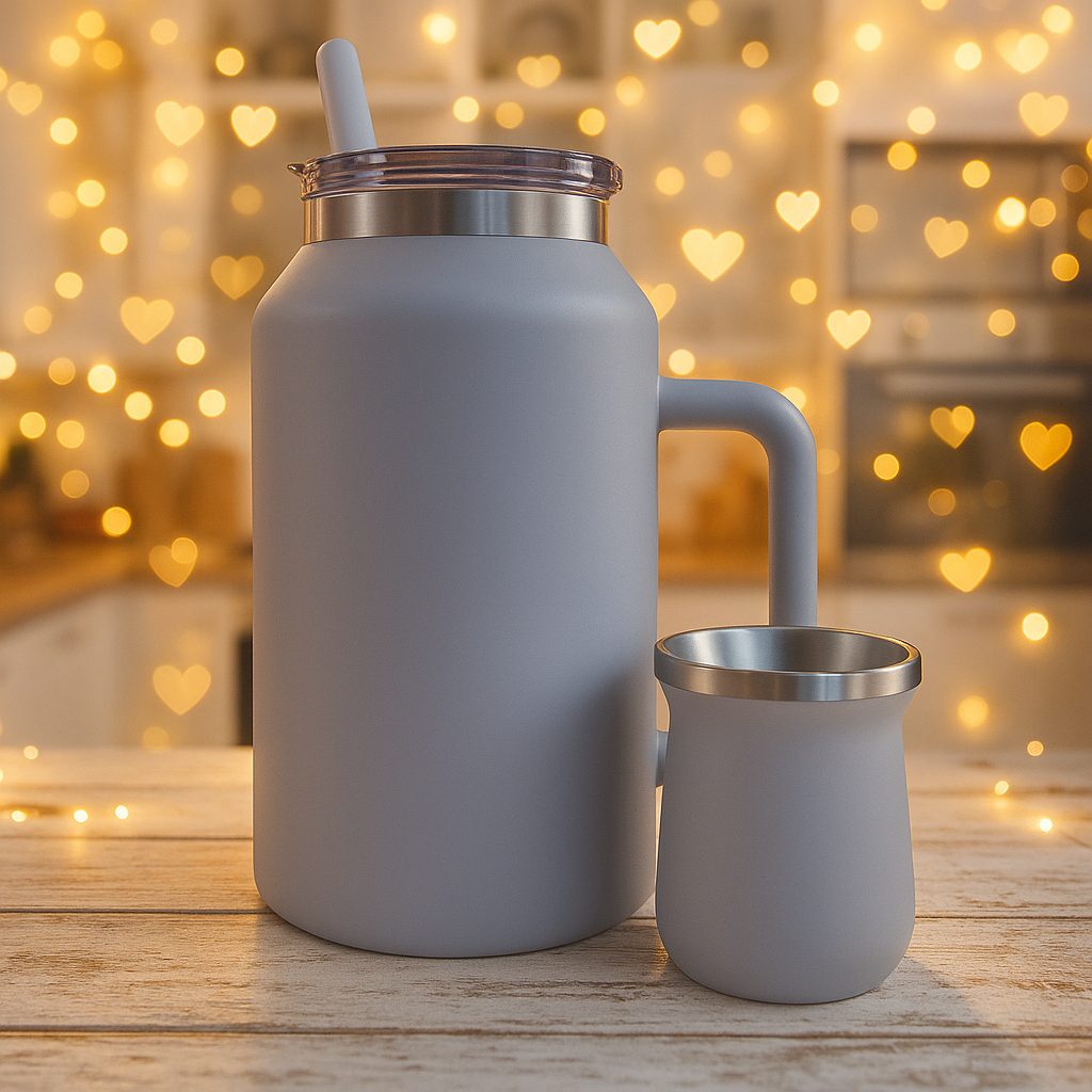 Botellon Termico con doble pico 1900ml + Mate 160ml Terere (Blanco)