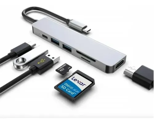 Hub Tipo C con 6 puertos PD+ USB 3.0 + USB 2.0 + HDMI + TF + SD