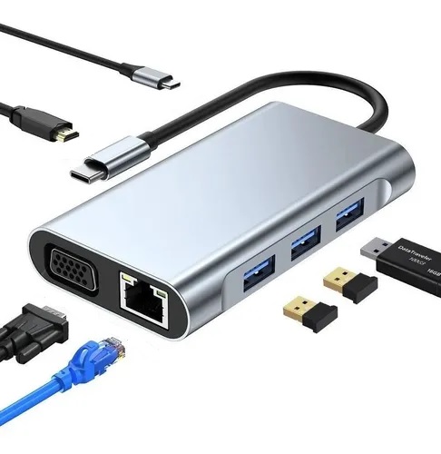 Hub Tipo C con 7 puertos PD+ USB x 3 + HDMI + LAN + VGA