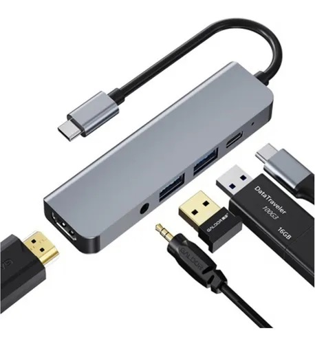 Hub Tipo C con 5 puertos USB 3.0 + USS 2.0 + HDMI + PD + Audio