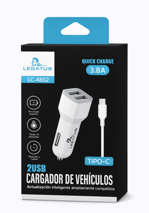 Cargador 12V Tipo C 2 Usb 3.8A LC-4802