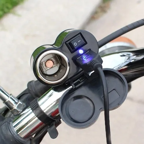 Cargador para Moto 12v a Usb con Interrruptor + Encendedor