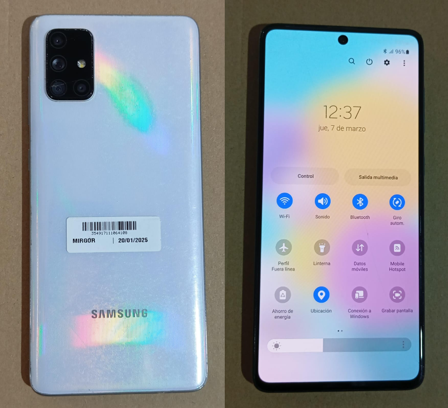 Celular Usado Samsung A71 128GB/6GB RAM (detalle glass y lente de camara)