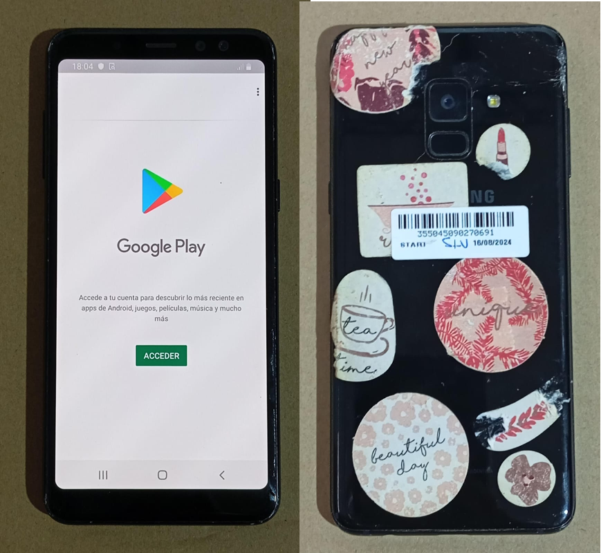 Celular Usado Samsung A8 2018 32GB/4GB RAM (Linea en pantalla, detalle tapa)