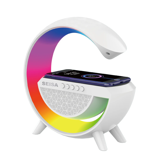 Parlante BT Micro Sd Usb Aux Fm con Luces Cargador Inalambrico QI BT2301 (23,5x8x24cm)