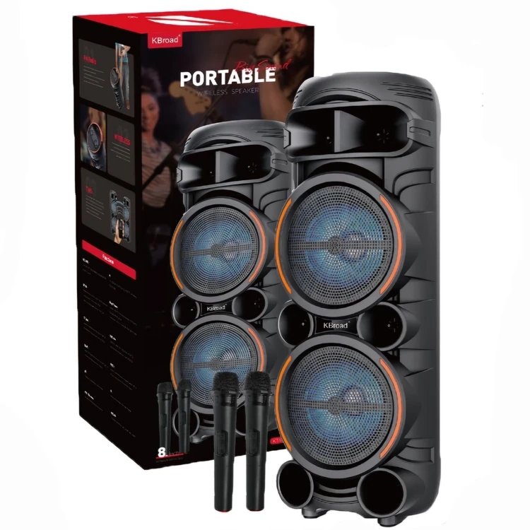 Parlante Portatil 8"x2 BT Karaoke con 2 Microfonos Micro Sd Usb Aux FM KTS-2058 (28x28x79,8cm)