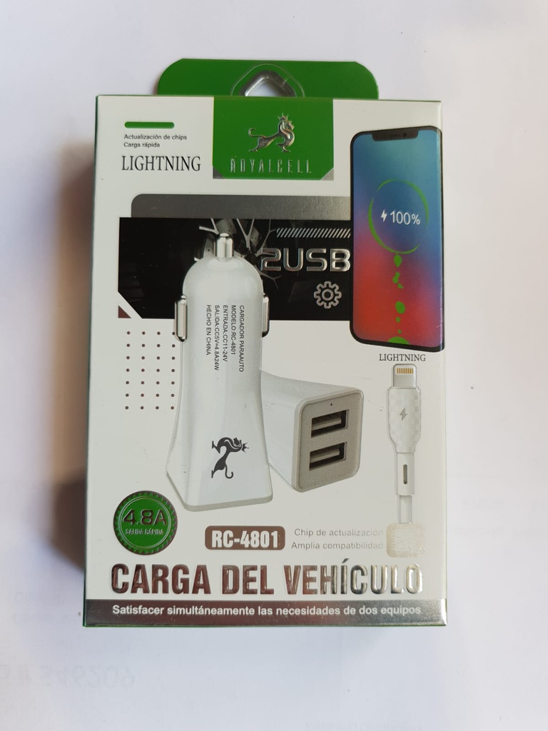 Cargador 12V de Auto Lightning 2 Usb 4.8A RC-4801