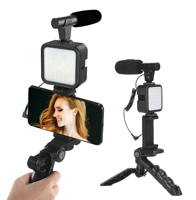 Ripley - KIT DE MICRÓFONO DE VIDEO PARA SMARTPHONE CON LUZ LED SOPORTE PARA  TELÉFONO TRÍPODE VERTICAL Y HORIZONTAL VLOG