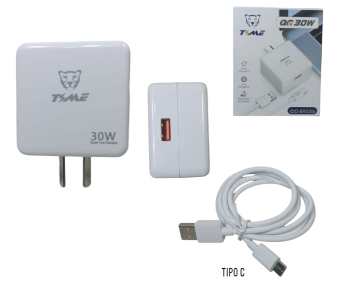 Kit Cargador 2 en 1 Tipo C Carga Rapida QC 30W Usb Time