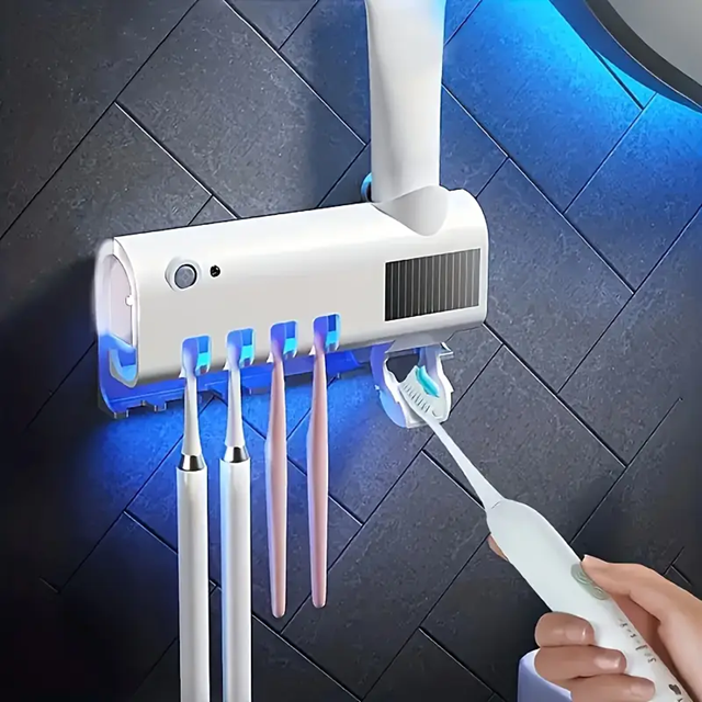 Soporte Esterilizador UV Recargable para Cepillo de Dientes con Dispenser de Pasta