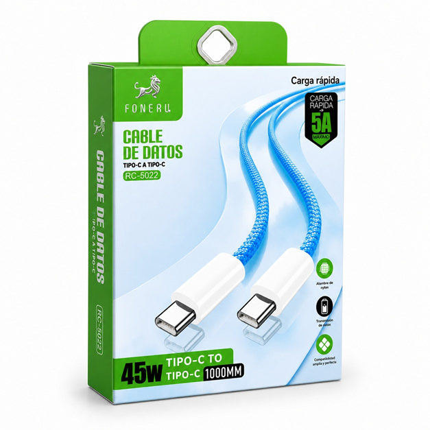 Cable de Datos Carga Rapida 5A Tipo C a Tipo C 45W Cordon RC-5020 1m