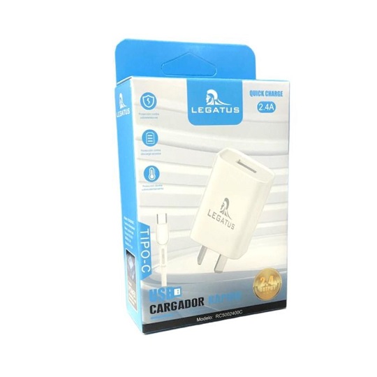 Kit Cargador 2 en 1 Tipo C Carga Rapida 2.4A Legatus (SIN CAJA)
