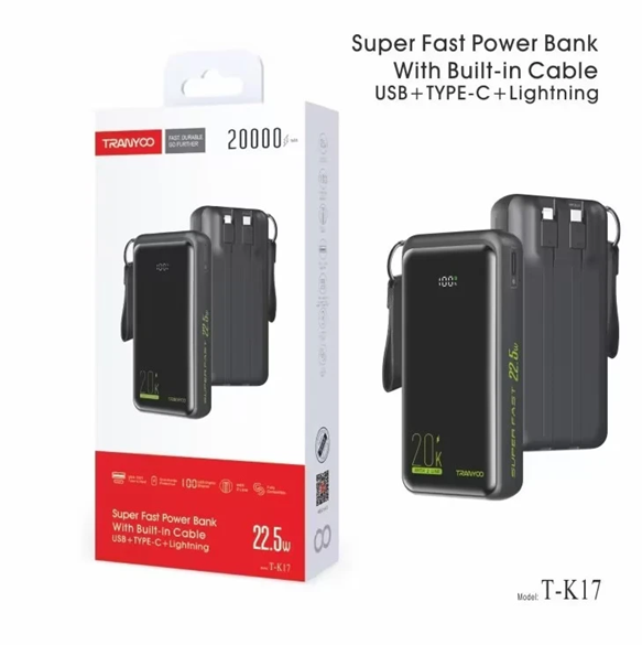 Power Bank 20000mAh 2 Usb / Tipo C / Lightning Tranyco T-K17
