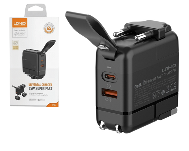 Adaptador Viajero Usb PD + cable Tipo C 65W GaN LDNIO Q2618