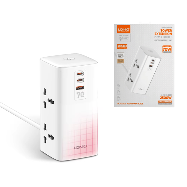 Zapatilla Tipo Torre 4 Tomas + Doble PD + Usb 70W 2500W 3.0 LDNIO SC4383
