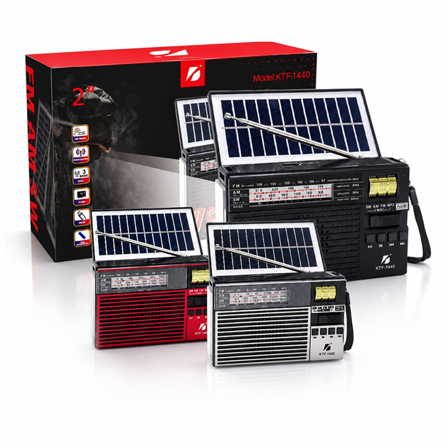 Radio KTF-1440 BT FM AM Usb Sd Aux 3 bandas Linterna Panel Solar Recargable Retro (15x9cm)