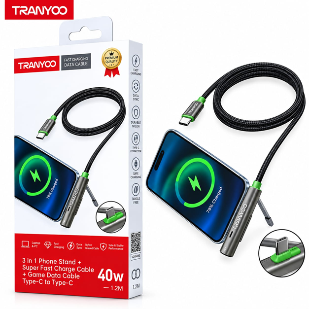 Cable de Datos Tipo C a Tipo C con Soporte para Celular 3 en 1 40W Tranyoo CC10
