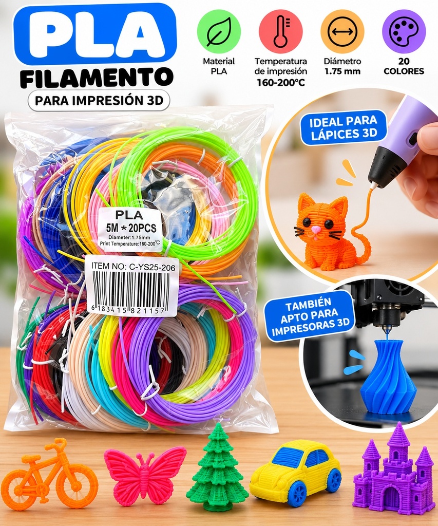 Pack x 20u de Filamentos para Lapiz 3D 5m x Ø1,77mm (colores surtidos)