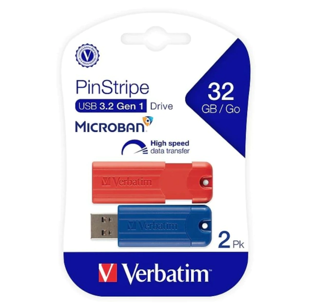 Pendrive 32gb Verbatim PinStripe 3.2 (Pack x 2u) Rojo-Azul