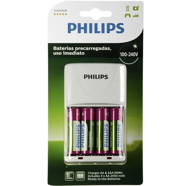 Cargador de Pilas Philips AA y AAA con 4 pilas AA