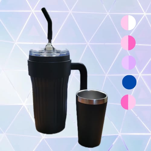 Vaso Termico con Manija 900ml + Vaso negro y Bombilla