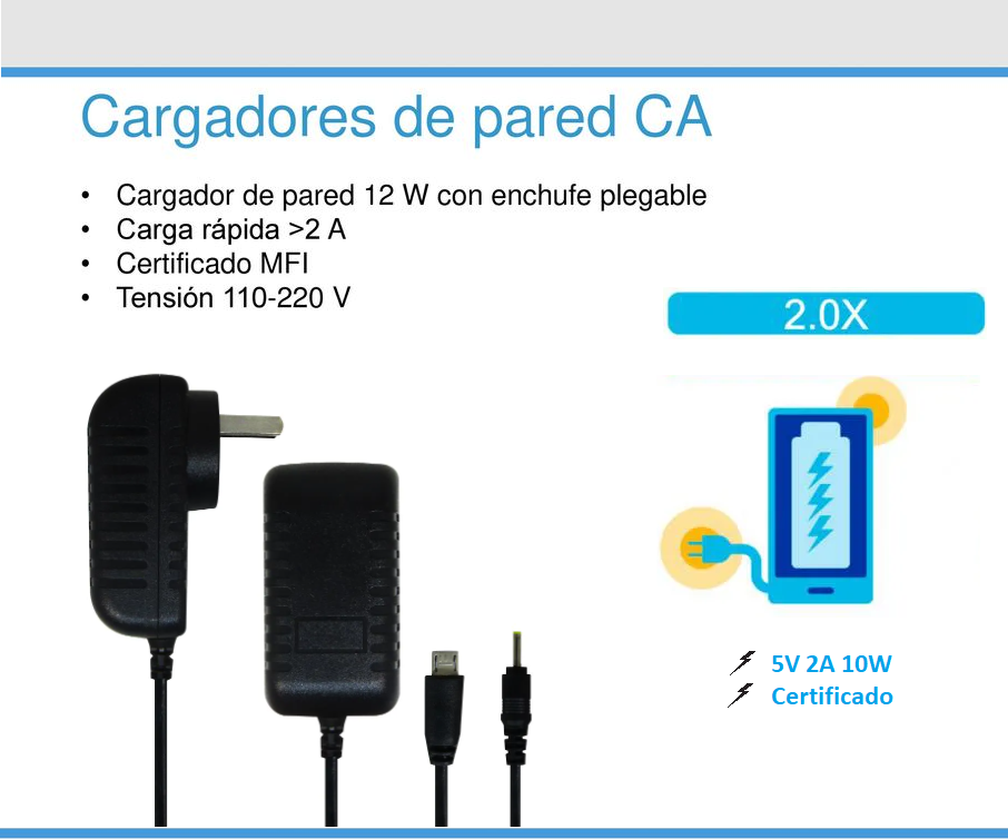 Cargador 2A Doble Salida Pin Fino y V8 Certificado