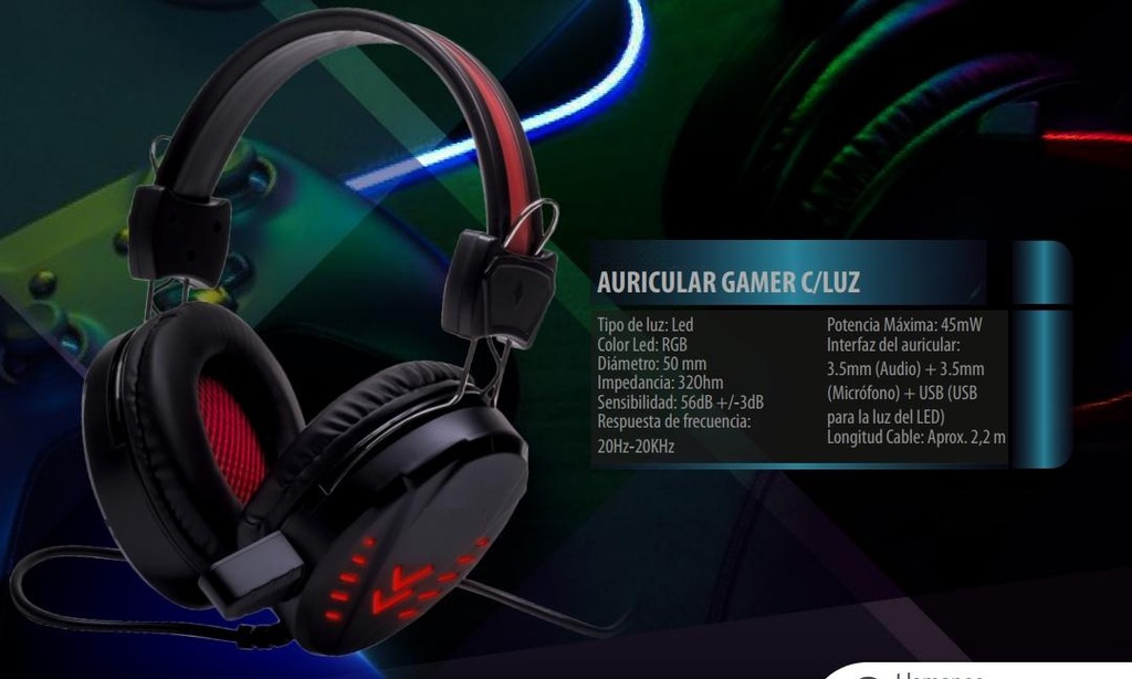 [0701575363513] Auricular Gamer c/luz RGB para Pc USB + 3,5mm (audio y micrófono)