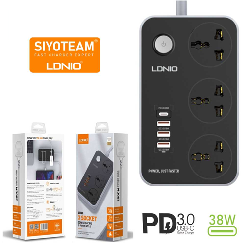 [6933138610565 019881] Zapatilla Toma Corriente 2m con 3 USB + PD 38w 3.0 LDNIO SC3412