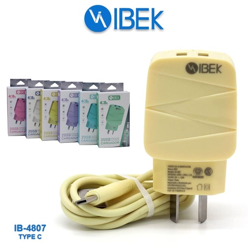 [7790839912010 IB-4807] Kit Cargador 2 en 1 Ibek Tipo C Carga Rapida 4.8A doble usb
