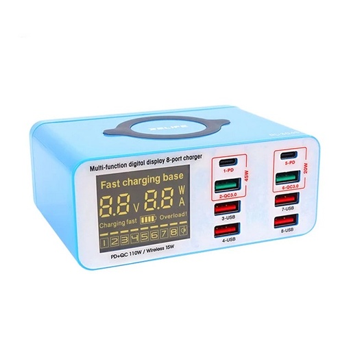 [6941590205618] Cargador Multiple Digital Hub 8 puertos Usb + PD + QI RL-304S