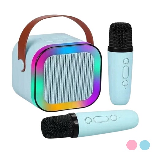 [6290132584064 283087] Mini Parlante Portatil BT Micro Sd Usb Aux Karaoke con 2 Microfono y Luces K12