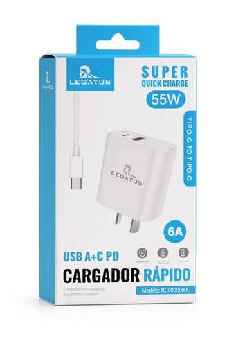 [7796350517079 RC9006000C] Kit Cargador 2 en 1 Tipo C Carga Rapida 55W Usb A + Usb C Legatus