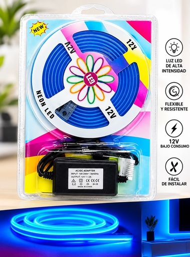 [9780122835002 502654] Kit Tira Led Neon Flexible con Fuente 5A 12v 5m Azul