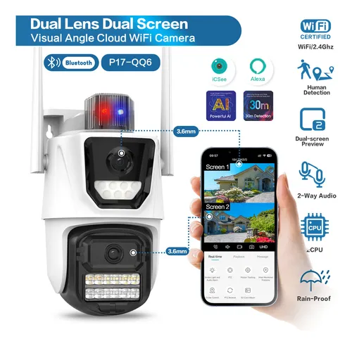 [P17-QQ6] Camara IP Inalambrica Wifi 360° 6mp Full HD 2 Antenas Doble Lente con Sirena