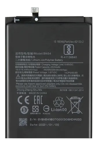 [B1348] Bateria Xiaomi Redmi Note 9 5G / Redmi 9 / Redmi 10X 4G BN54 Original (SERVICE PACK)