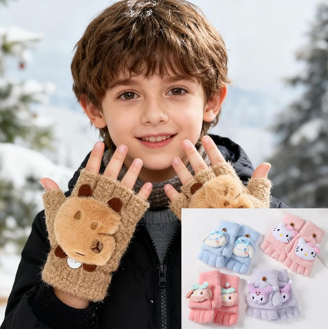 [505432] Guantes Mitones de Invierno Medio Dedo + Manopla Infantil 2 en 1