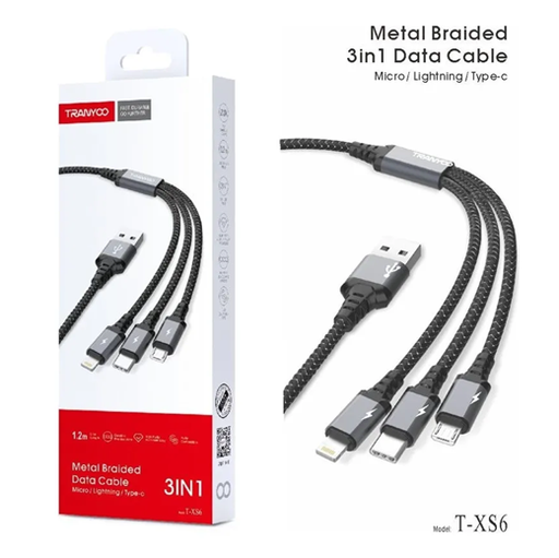 [6970791125104] Cable USB 3 en 1 V8 - Lightning - Tipo C 1,2m Tranyoo T-XS6