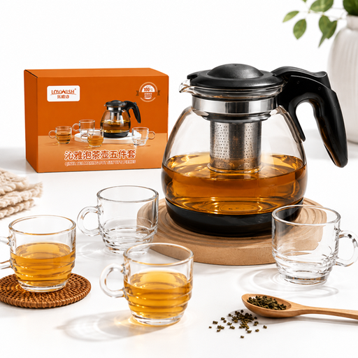 [7769528989220] Tetera de Vidrio 1000ml con Filtro y 4 Tazas
