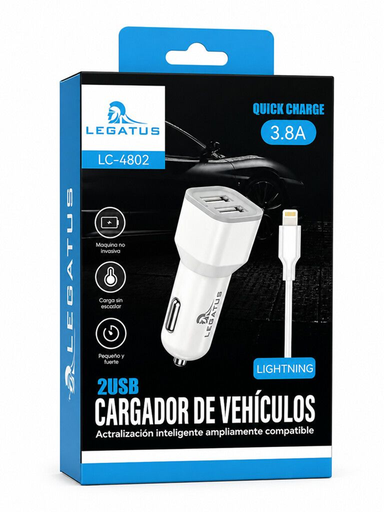 [7796350519769] Cargador 12V Lightning 2 Usb 3.8A LC-4802