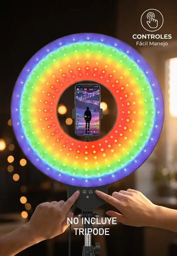 [6290132596968] Aro Led RGB tipo Panel con Soporte para Celular Audioritmico 5 modos y Regulador de Intensidad 35cm MJ-321