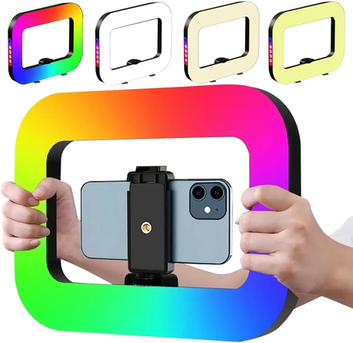 [E-30 A-RC1R] Aro Luz Led Rectangular Rgb con Soporte para Celular (29cm)