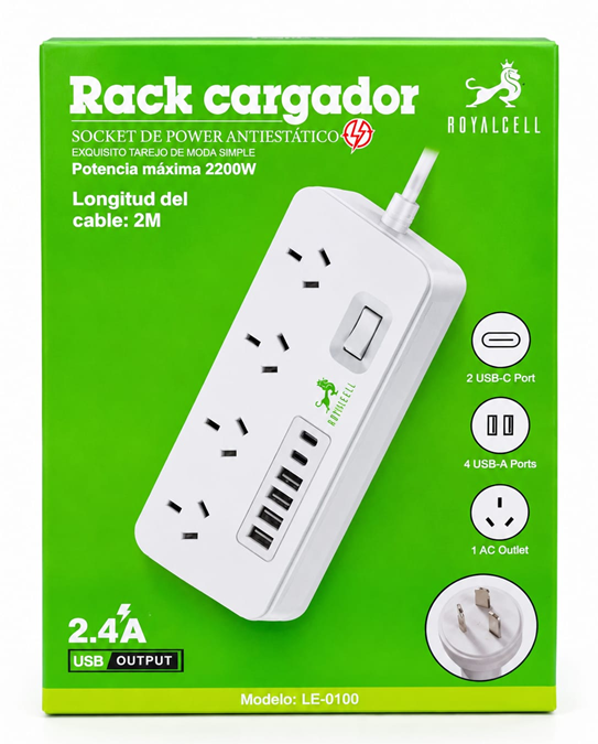 [7796350523407] Zapatilla Toma Corriente Royalcell 4 tomas + 4 Usb + 2 PD 2m LEC100