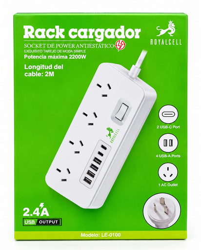 [7796350523407] Zapatilla Toma Corriente Royalcell 4 tomas + 4 Usb + 2 PD 2m LEC100