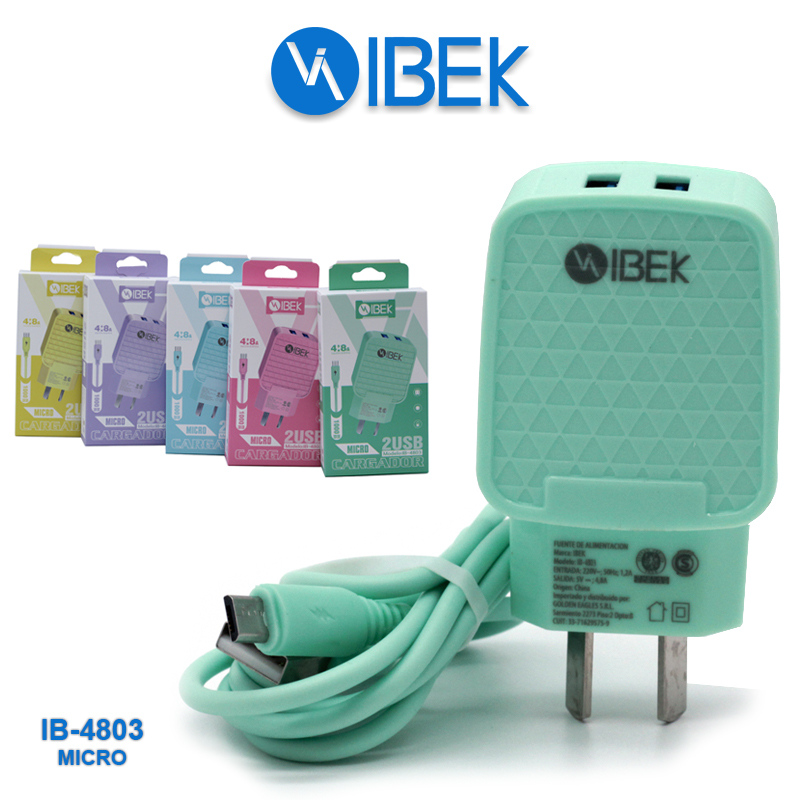 [7790839911976 IB-4803] Kit Cargador 2 en 1 Ibek V8 Carga Rapida 4.8A doble usb