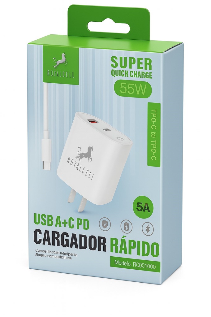 [7796350515327 RC9006000A] Cargador Cabezal  55W Usb A + Usb C Carga rapida Royalcell