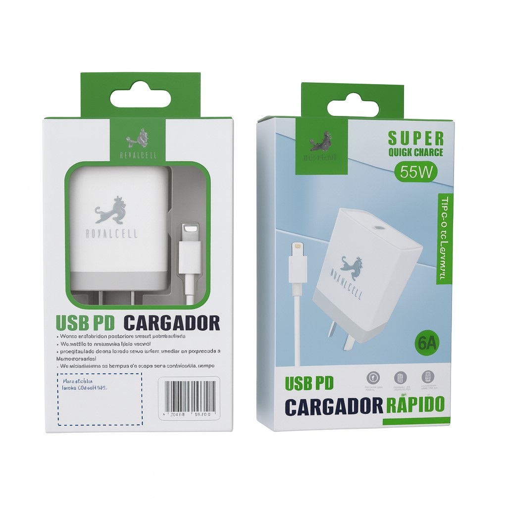 [7796350516683 RC9006000B] Kit Cargador 2 en 1 Lightning Carga Rapida 55W Usb C Royalcell
